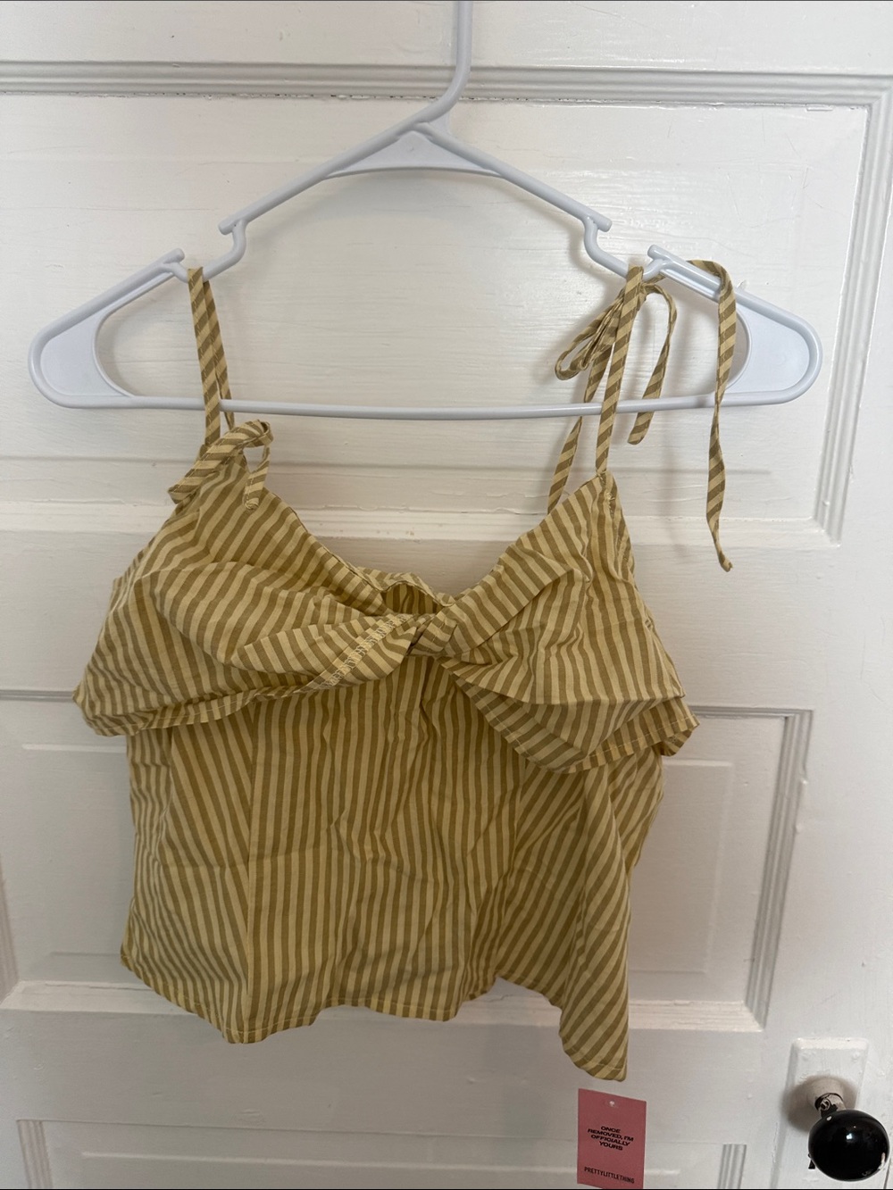 PrettyLittleThing Mustard Striped Tie-Shoulder Ruffle Cami